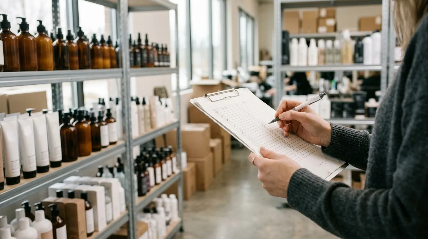 Ruce držící papírový inventární seznam v moderním skladu kosmetického salonu